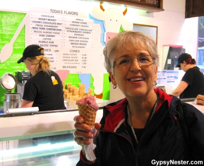 Fellow Road Scholar participant, Martha, enjoying her cone of Cow's Ice Cream